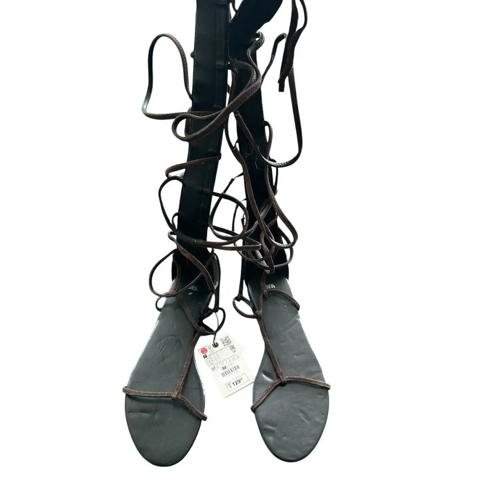 NWT Zara Sandals 37 US 6.5 Flat Brown Suede Leather Gladiator  REF 1616/910 - Picture 7 of 10